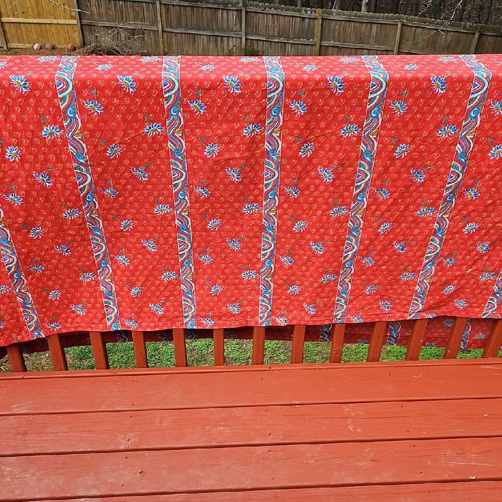 Vintage Cotton Indian Block Design  Orange  Blue Floral Shower 72" X 72" Curtain - Picture 15 of 17